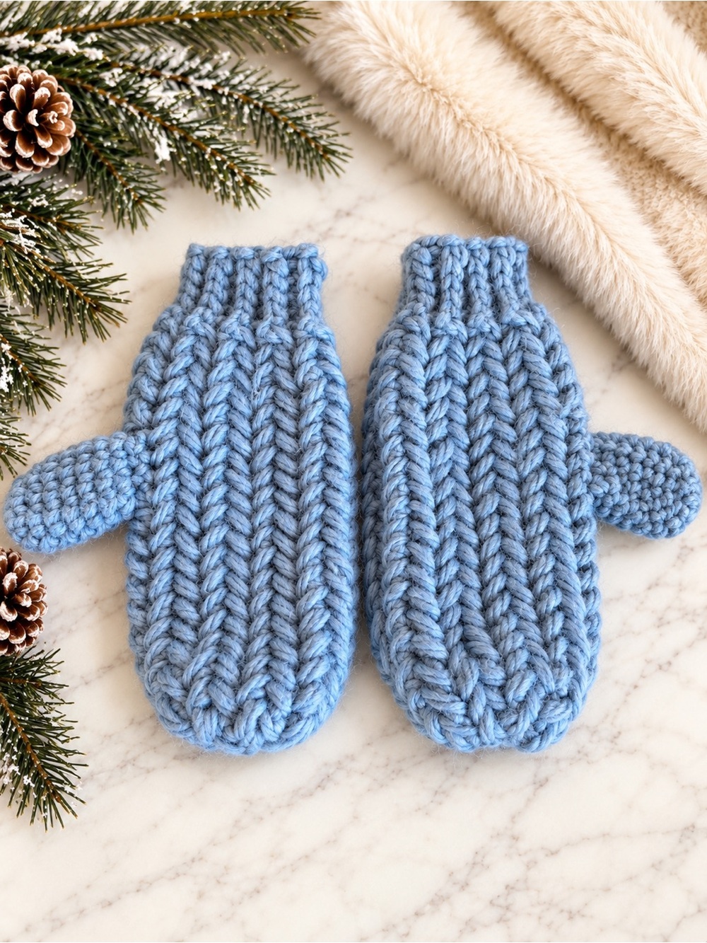 Hand Knit Chunky Blue Wool Blend Mittens Artisan Cozy Winter Mitts